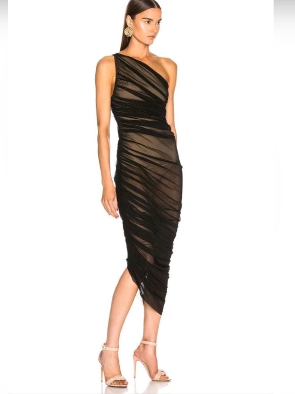 Norma Kamali One-Shoulder Black Ruched Sheer Midi Dress